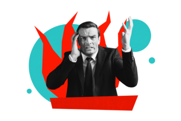 Composite photo collage of irritated businessman hold head fire burnout problem workload pressure anger isolated on painted background