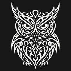 Obraz premium Stylized Tribal Owl Vector Illustration on Black Background. Intricate Maori-inspired Art Design with Ornate Patterns.