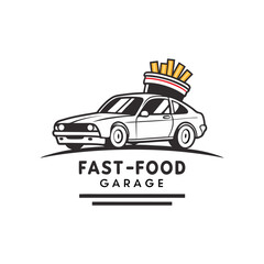 Fast Food Garage Logo Classic Car with French Fries
