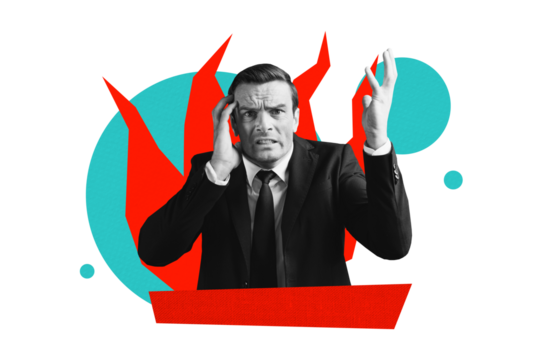 Composite photo collage of irritated businessman hold head fire burnout problem workload pressure anger isolated on painted background