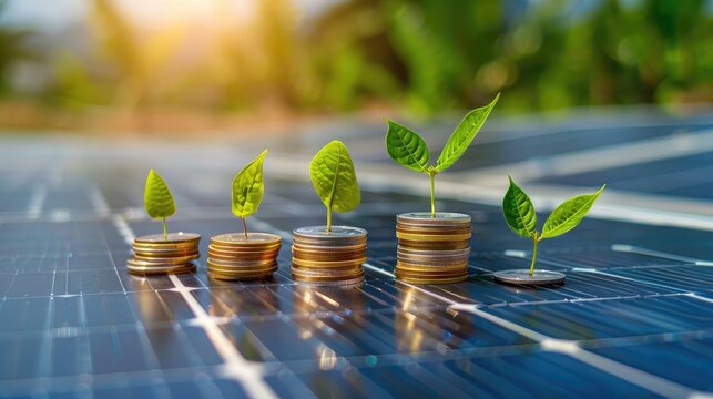 Growth of Green Energy Investments with Coins and Young Plants on Solar Panels