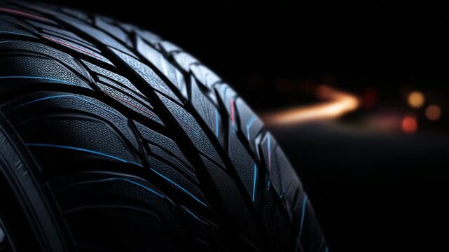 24Close-up photography of high-performance tires, intricate tread textures emphasized under strong side lighting, background pure dark black