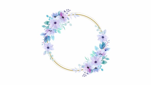 Floral frame gold circle with blue and purple flowers for elegant design. Suitable for invitations, greeting cards, wedding stationery.