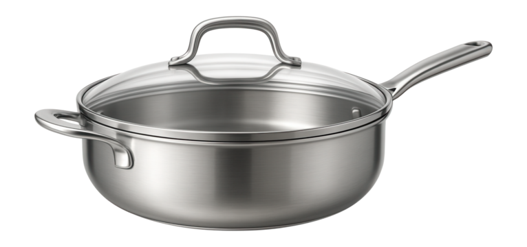 A deep saute pan with a glass lid and pour spouts, perfect for sauce reduction.