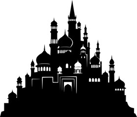 Fototapeta premium Aladdin castle silhouette. This image depicts a silhouette of a grand Arabian palace with intricate domes and towers, resembling a fairy tale castle. Vector clipart illustration design