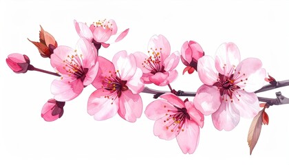 Delicate pink cherry blossoms on a branch with buds and leaves against a white background in soft natural light