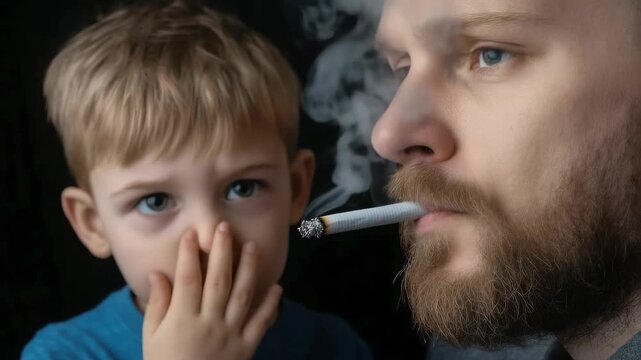 Man smoking a cigarette near a young child, who covers his nose from the dense tobacco smoke. This scene highlights second hand smoke danger and health risk for children.