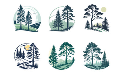 Collection of Pine Forest Landscape Emblems and Badges