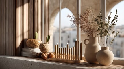 Elegant interior scene with decorative vases, candles, and natural elements on a sunlit windowsill