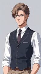 anime man in smart vest with rolled sleeves portrait character cartoon manga design illustration