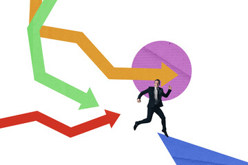 Obraz premium Composite photo collage of excited businessman run arrow development boss promotion wear formal suit isolated on painted background