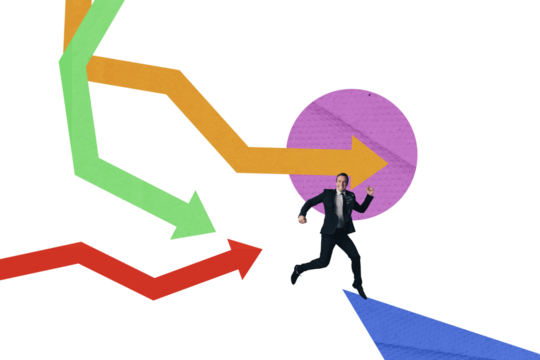 Composite photo collage of excited businessman run arrow development boss promotion wear formal suit isolated on painted background