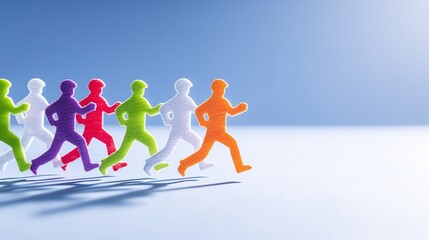 Obraz premium Colorful runner figures in a row against a blue background, symbolizing race and teamwork.