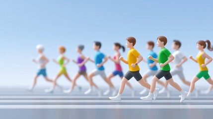 Obraz premium Diverse group of animated people running on a track under a blue sky