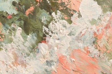 Naklejka premium A vibrant abstract painting displays a dynamic interplay of muted peach, muted green, and off-white hues, showcasing expressive brushstrokes and a textured surface.