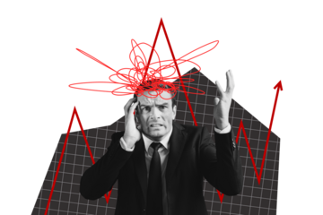 Composite trend artwork sketch collage of copyspace graphics businessman suffer headache burnout mess line pressure arrow graphics up