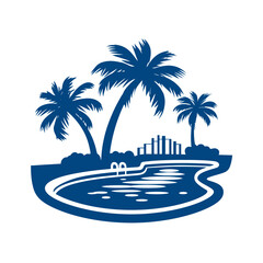 Obraz premium Stylized blue vector illustration of a tropical resort scene with palm trees, a swimming pool, and a distant city skyline silhouette