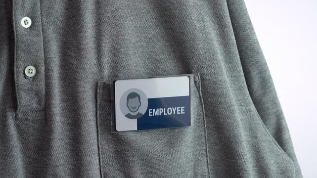 Hand is attaching a blue and white employee tag on a employer's pocket. It is a casual gray shirt with a button-down collar. - Powered by Adobe