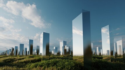Mirrored pillar landscape reflective tower field of mirrors sky reflection grassy plain modern installation outdoor sculpture abstract architecture surreal scene