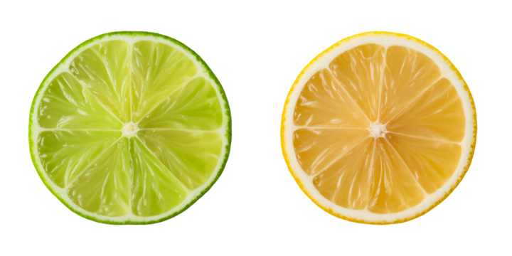 Half green lime and half yellow lemon placed side by side. Citrus halves showing color contrast.