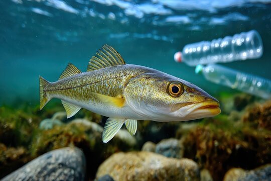 A snook swimming in polluted water with plastic bottles floating in the background, emphasizing environmental issues and ocean contamination due to plastic waste.