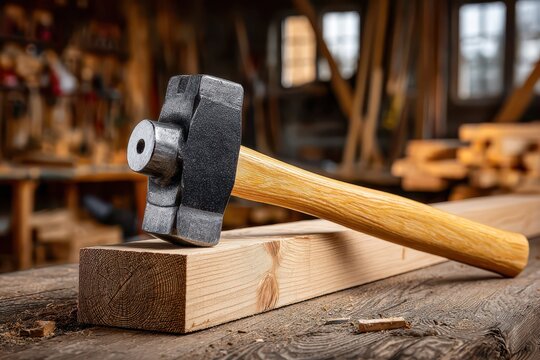 Close-up of a blacksmith's hammer resting on a wooden beam in a workshop environment, displaying craftsmanship and the tools of the trade.