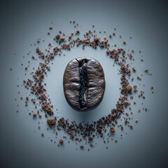 Naklejka premium Single coffee bean surrounded by ground coffee on gray surface