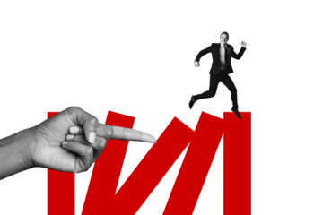 Composite photo collage of silly businessman run fallen chart hand push economy crisis failure recession isolated on painted background