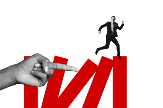 Composite photo collage of silly businessman run fallen chart hand push economy crisis failure recession isolated on painted background - Powered by Adobe