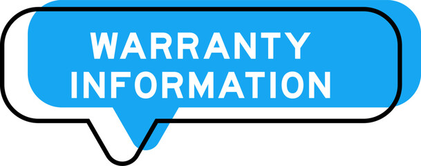 Speech banner and blue shade with word warranty information on white background