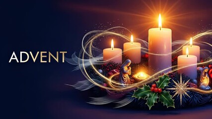 A festive Advent wreath shines with lit candles, surrounded by Holly, pine branches, and a Nativity. Mary and baby Jesus Christ are featured. This is a video advent presentation - Powered by Adobe