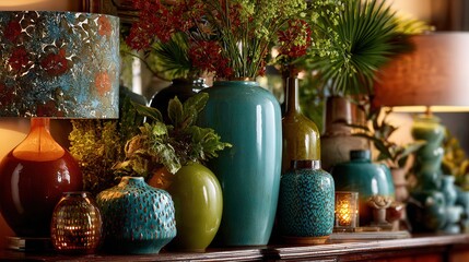 Colorful decorative vases and lamps arranged on a wooden table with lush greenery accents
