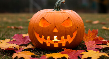 Spooky illuminated Halloween pumpkin on grass surrounded by autumn leaves
