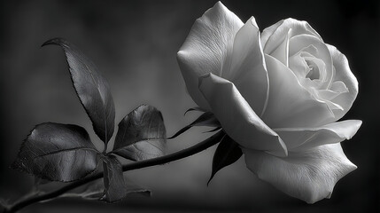 A single rose depicted in monochrome, highlighting delicate petals and elegant form through timeless black and white artistic expression