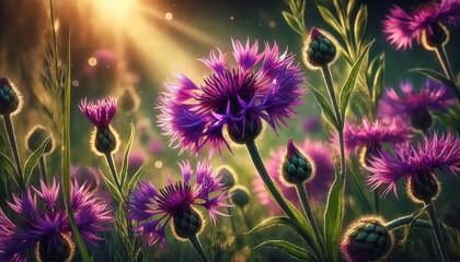 A stunning, photorealistic close-up of Centaurea nigra, also known as common knapweed, blooming in a sunlit meadow during late afternoon