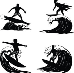 Surfer silhouette illustration, dynamic surfing poses, ocean wave artwork, extreme sports design, surfing action scene, black and white, creative concept, water sport