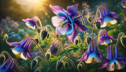 A stunning, photorealistic close-up of Columbine flowers