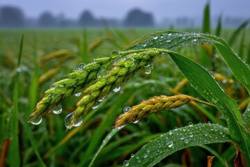 Close-up shot of grass and crops covered in dewdrops, with a blurred field in the background. A symbol of natural beauty and the freshness of a dewy morning.