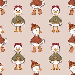 Autumn Duck Seamless Pattern with Knit Hat and Sweater