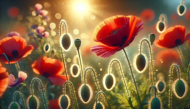 A stunning, photorealistic close-up of vibrant red poppies blooming in a sunlit meadow during late afternoon