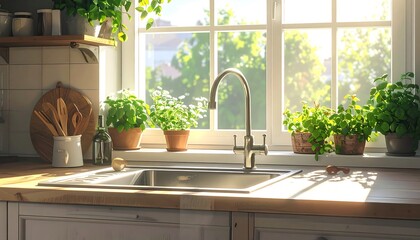 A sunlit kitchen scene features a stainless steel sink, faucet, and a bright window overlooking lush greenery. Herb pots adorn the windowsill