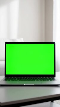 Dynamic Overhead Shot with young adult analyzing laptop display green screen in living room using mockup template isolated copy space and blank chrma key background on computer remote school student