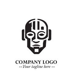 Head of Robot Logo Symbol in Black on the White Background Futuristic Minimalist Illustration