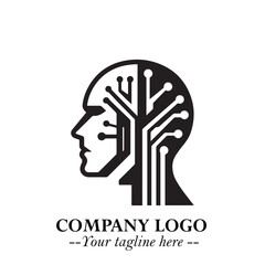 Head of Robot Logo Symbol in Black on the White Background Futuristic Minimalist Illustration