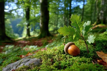 A close-up view of an acorn and small oak tree sapling on moss, with a green forest background providing a serene and peaceful natural environment.
