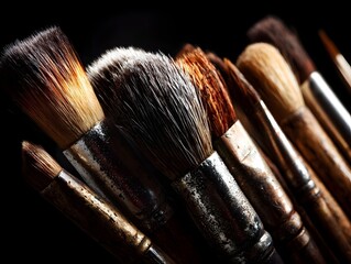 Close up of dirty art paint brushes with textured bristles and worn metallic handles
