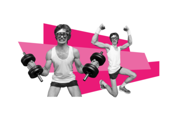 Composite trend artwork sketch image collage of sport game play match basketball young guy student funny geek hold dumbbell power strong