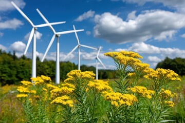 Goldenrod wildflowers in full bloom in a field, with wind turbines generating clean energy in the backdrop under a sunny blue sky with puffy white clouds.