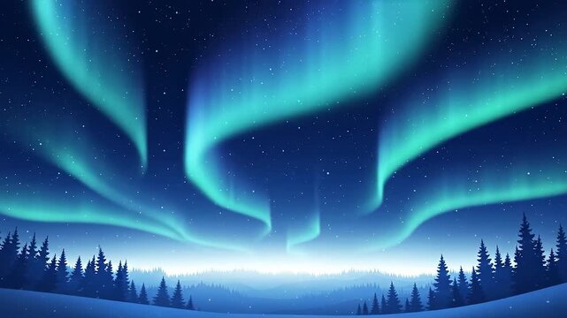 An animated scene depicts a serene winter landscape beneath a vibrant night sky. Teal-colored, glowing celestial bands undulate above a snow-covered ground and silhouette of evergreen trees. The twink