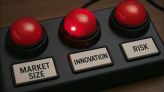 Market size innovation risk business decision red button control panel wooden table strategy evaluation concept startup entrepreneurship finance assessment selection technology assessment button Red